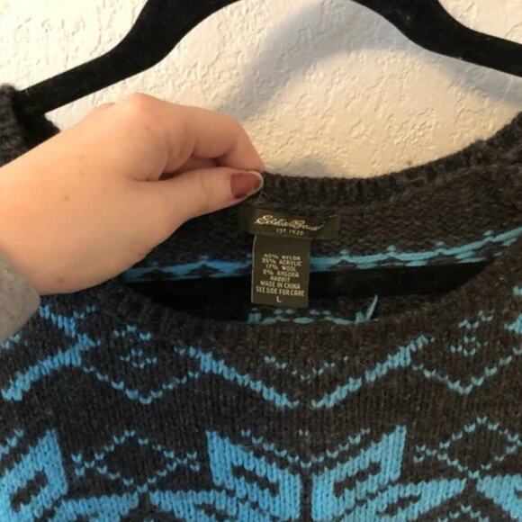 Eddie Bauer Grey & Blue Wool Blend Fair Isle Sweater - Picture 2 of 3